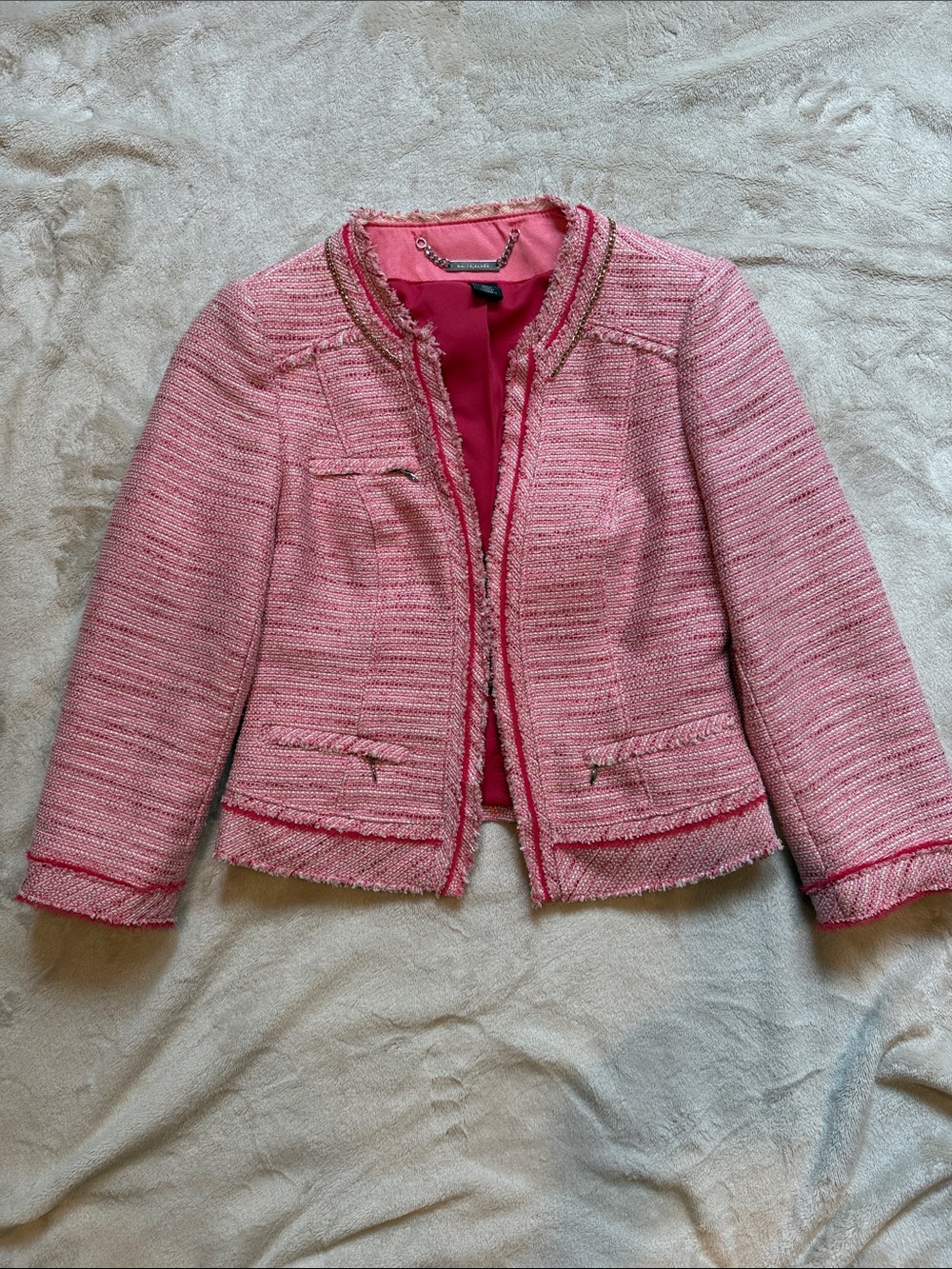 White House Black Market Pink Tweed Fringe Jacket